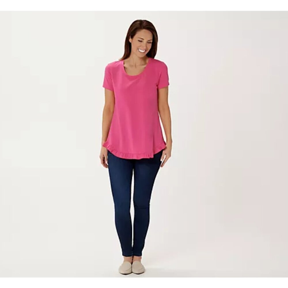 Isaac Mizrahi Live! Women Top 1X  Scoop Neck Curved Ruffle Light Brown A378050 - Picture 3 of 6